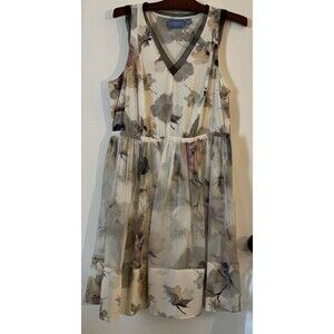 Vera Wang Women's L V-neck Purple Ivory Floral Ruffled Lined Sheer Fairy